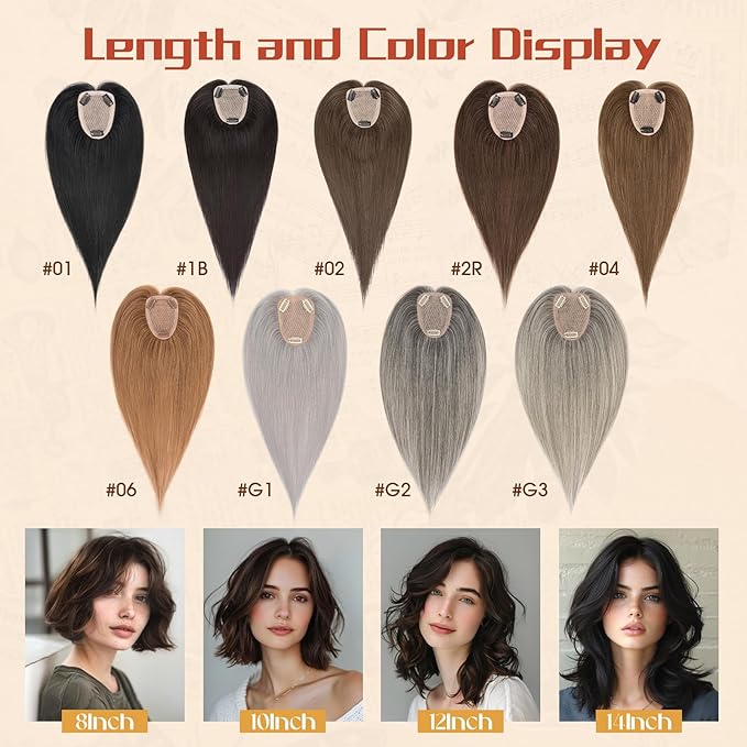 Rich Choices Human Hair Toppers for Women-100% Real Remy Hair Topper No Bang-Upgraded 150% Density 9 * 12CM Lace Base-Clip in Hairs Topper for Thinning Hairs-10Inch #G3 Salt and Pepper Grey
