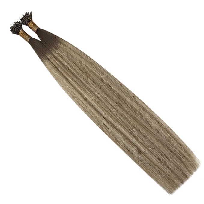 YoungSee Itip Hair Extensions Real Human Hair Ombre I Tip Hair Extensions Balayage Dark Brown to Brown with Blonde Itip Human Hair Extension Short Hair Extension 14In 50g 80s