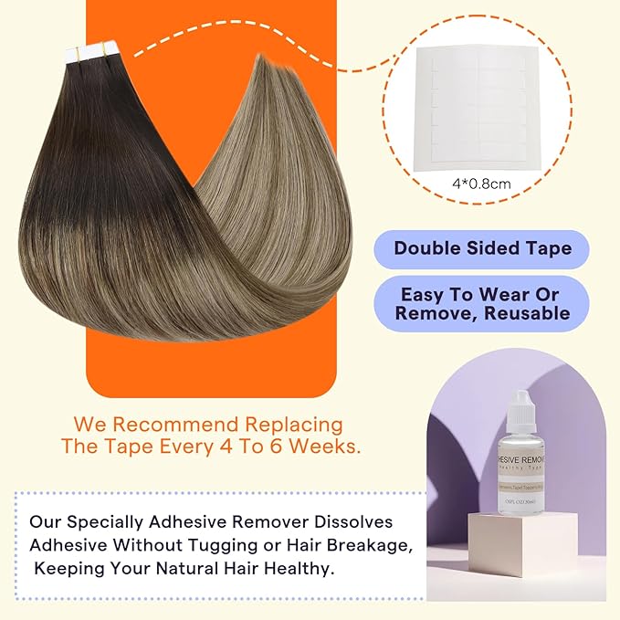 Full Shine Tape in Hair Extensions 18 Inch Balayage Color 2 Darkest Brown Fading to 6 and 18 Ash Blonde Natural Double Sided Tape Ins Human Hair Extensions 50 Grams Straight Invisible Remy Hair 20PCS