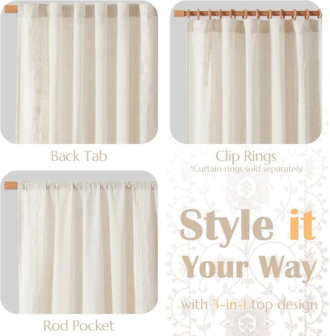 jinchan Floral Linen Curtains Embroidered Back Tab 50x84in 4 Panels Ivory | - Image 7