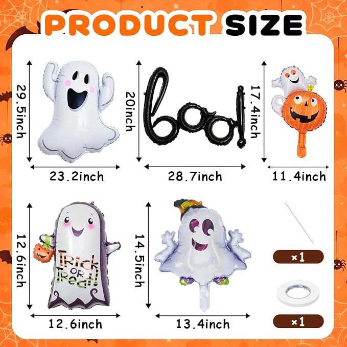 HILAVO 5PCS Halloween Foil Balloons Set, Ghost Pumpkin Boo Balloons Cute Happy - Image 2