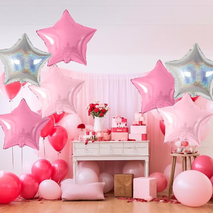 Pink and Silver Star Foil Balloons, 18 Inch Metallic Glitter Stars Balloons - Image 6