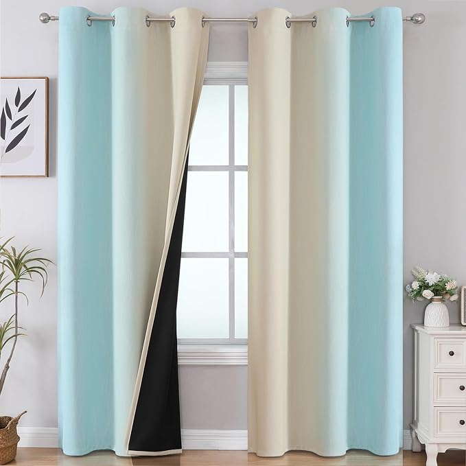 Aqua and Beige Room Darkening Blackout Curtains 84 Inch Length 2 Panels Set by ESTELARTEXTILER