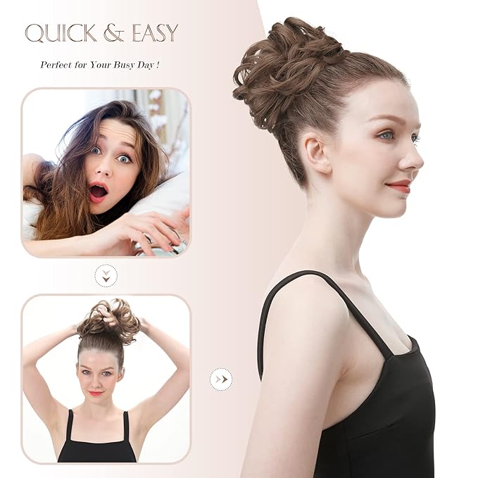 FESHFEN Messy Bun Hair Piece - Elastic Wavy Curly Hair Bun Scrunchies Extensions Synthetic Chignon Hairpieces for Women, Champagne Blonde & White Blonde 1.5 oz