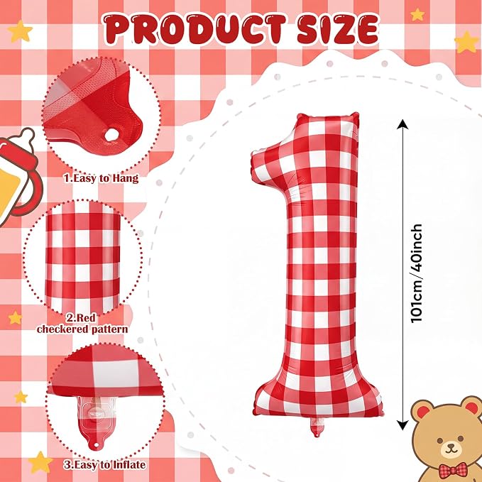Jenaai 40 Inch Gingham 1st Balloon Large Number 1 Plaid Balloons - Image 2