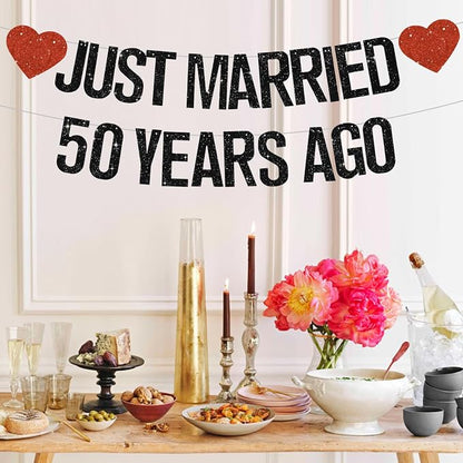 Black Glitter Just Married 50 Years Ago Banner, NO DIY, Pre-Strung 50th Wedding - Image 6