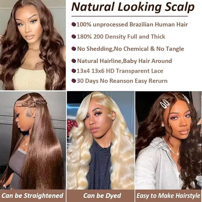 Chocolate Brown Lace Front Wigs Human Hair with Baby Hair 200 Density 13x4 Body Wave Lace Frontal Human Wigs Pre Plucked 4# Brown Wig 30 Inch