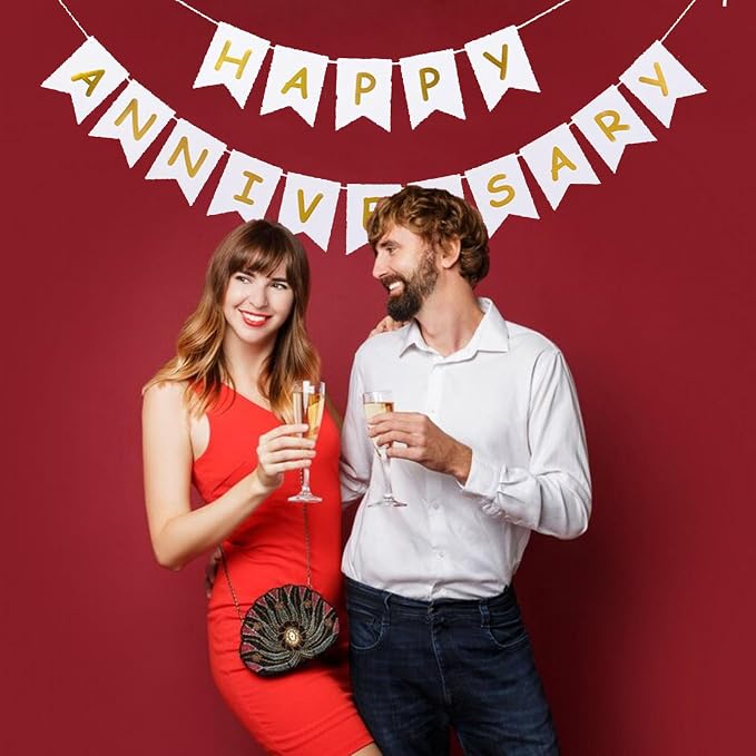 White Happy Anniversary Banner Wedding Anniversary Party Sign Ceremony Banner - Image 3