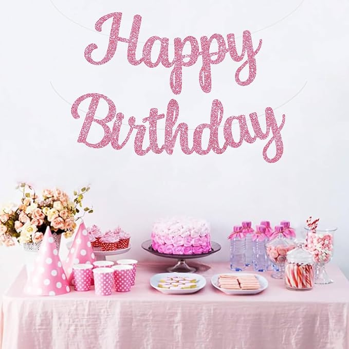 BEISHIDA Glitter Pink Happy Birthday Banner Party Decoration NO DIY, 10Feet | - Image 6
