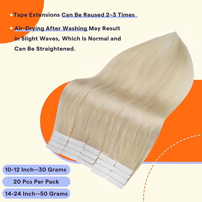 Full Shine Tape Ins Human Hair Extensions 22 Inch Color 60 Platinum Blonde Natural Invisible Seamless Skin Weft Human Hair Tape in Extensions 20PCS Soft and Silky 50 Grams for Wedding