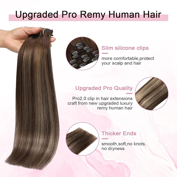 Pro2.0 Clip in Hair Extensions Real Human Hair 22inch 7pcs #4/27/4 Chocolate Brown to Caramel Blonde Remy Hair Extensions Clip in Human Hair 120g Double Weft（#4/27/4-22inch）
