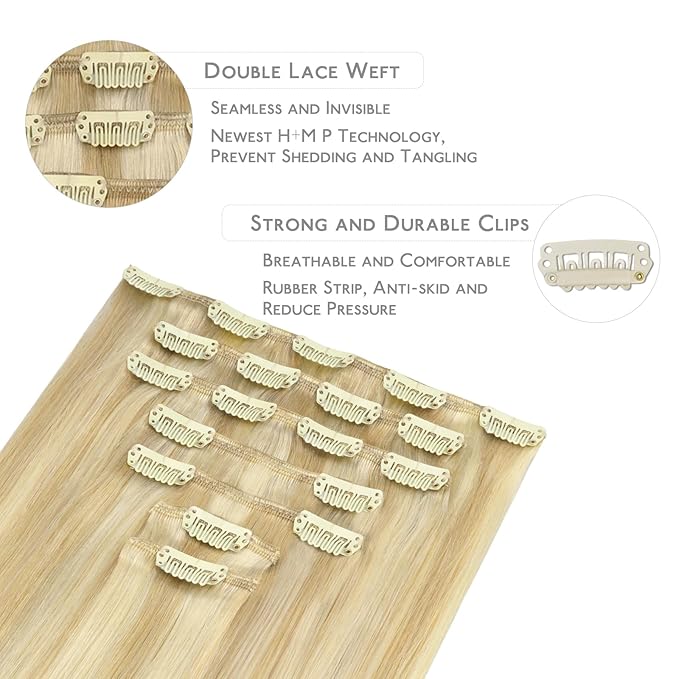 WENNALIFE Clip in Hair Extensions Real Human Hair, 12 Inch 80g 7pcs Remy Hair, Light Blonde Highlighted Golden Blonde Straight Natural Extensiones De Cabello Humano Con Clip Ins