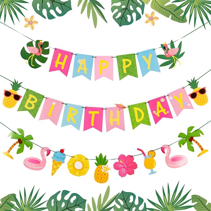 SUNBEAUTY Hawaiian Happy Birthday Banner Tropical Luau Party Birthday Flamingo by SUNBEAUTY