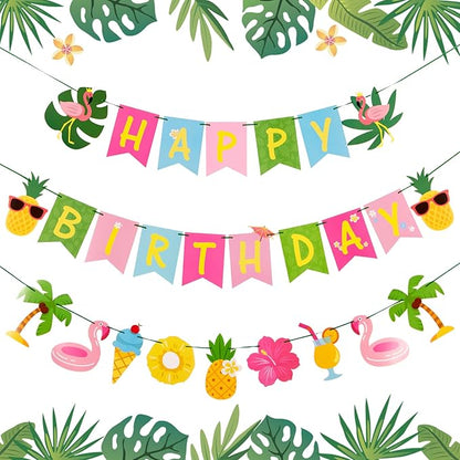 SUNBEAUTY Hawaiian Happy Birthday Banner Tropical Luau Party Birthday Flamingo by SUNBEAUTY