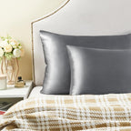 BEDELITE Satin Pillowcase with Zipper 2 Pack, Dark Grey Pillow Cases Standard Size, Super Soft and Cooling Similar to Silk Pillow Cases, Gift for Women Men(20x26 Inches)