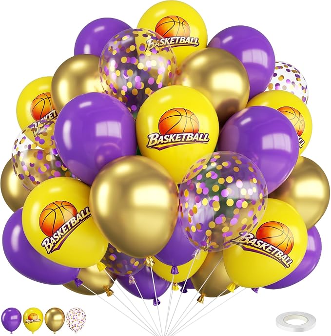 Purple Gold and Yellow Balloons, 12 Inch Printed Basketball Balloon and by FEYG
