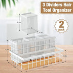 2 Pcs Hair Tool Organizer Countertop Breathable Metal & Bamboo Hot Tools Organizer Under Sink Bathroom Hair Dryer Holder Countertop Brush Comb Holder,Makeup Tray (Natural Bamboo,White)