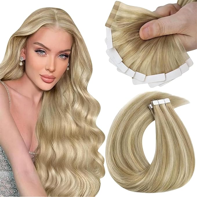 Sunny Hair Tape in Hair Extensions Real Human Hair Invisible Remy Hair Extensions Tape ins for Women Dark Honey Blonde Highlight Medium Blonde 14 inch 25G