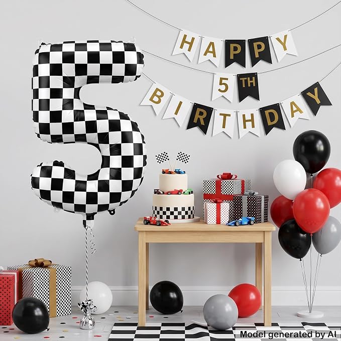40" Checkered Number 5 Balloon for 5th Race Theme Birthday Party Supplies | 40 - Image 3