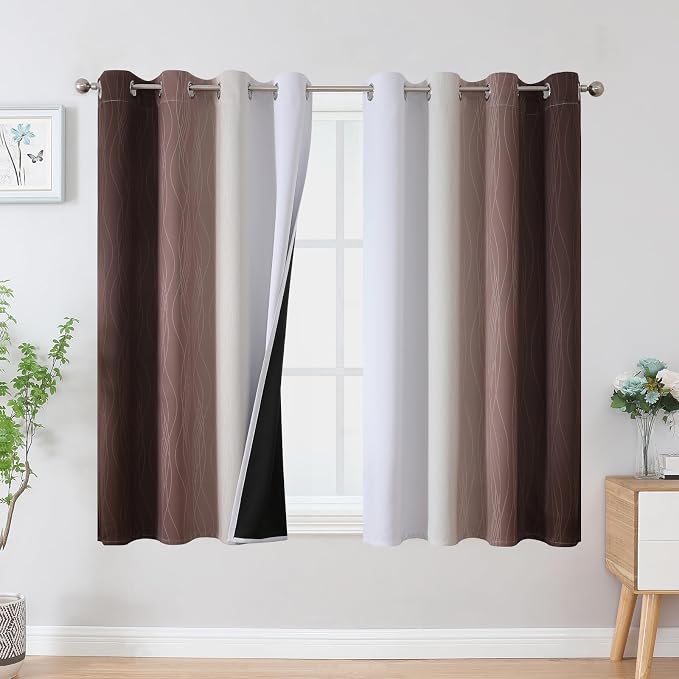 Brown and Greyish White Blackout Curtains 54 Inch Length, Full Light Blocking by ESTELARTEXTILER