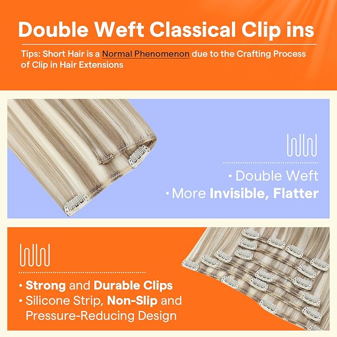 Full Shine Clip in Hair Extensions Blonde Highlights Real Hair Extensions Clip in Human Hair Color 16P22 Golden Blonde Highlighted Straight Full Head 7 Pcs 22 Inch 120 G