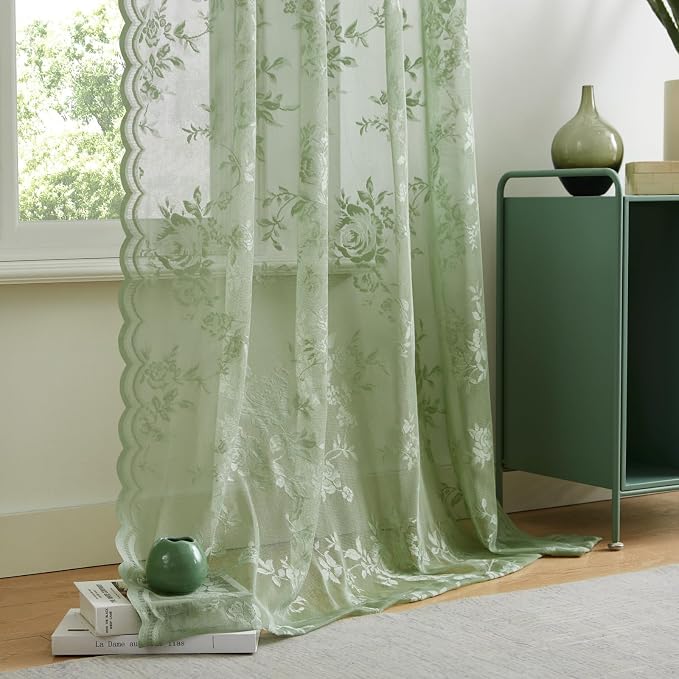Sage Green Lace Curtains 102 Inches Long Spring Country Floral Sheer Curtains - Image 6