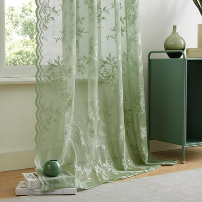 Sage Green Lace Curtains 102 Inches Long Spring Country Floral Sheer Curtains - Image 6