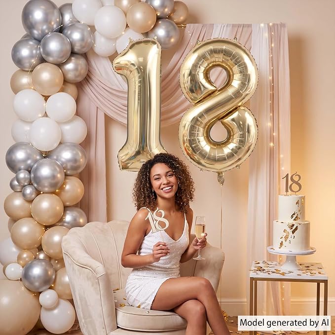 White Gold Number 18 Balloon 40 Inch, Champagne Foil Adult Decoration | - Image 6