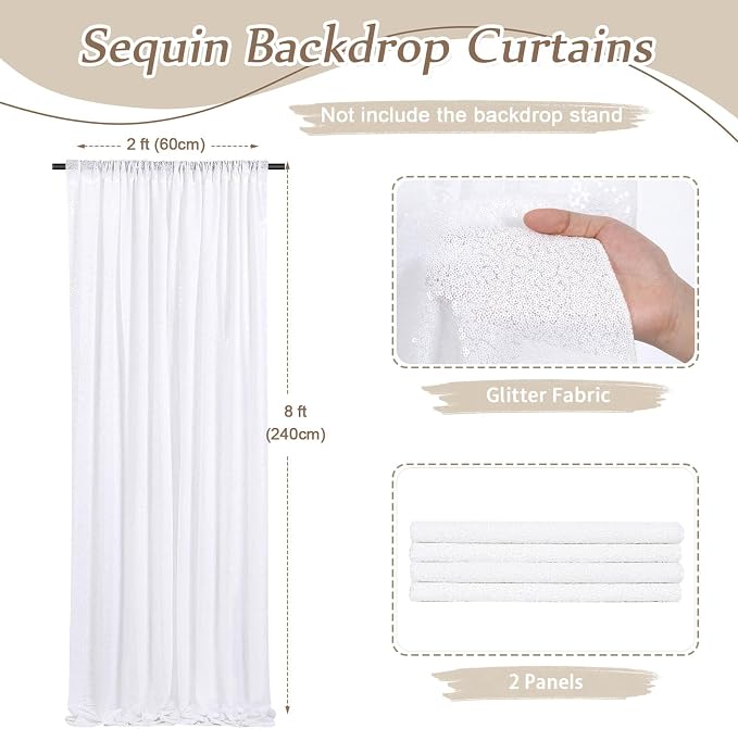 White Sequin Backdrop Curtains-4 Panels 2FTx8FT White Backdrop - Image 4