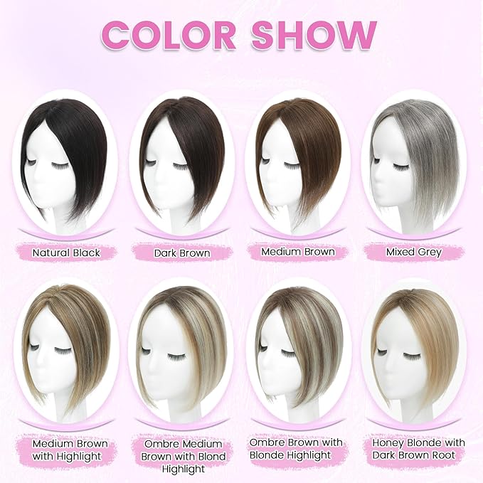 YAMI Hair Toppers for Women Fluffy Human Hair Topper 10inch Handmade Swiss Base Hairpieces 360° Cover Hairloss (Dark Brown)