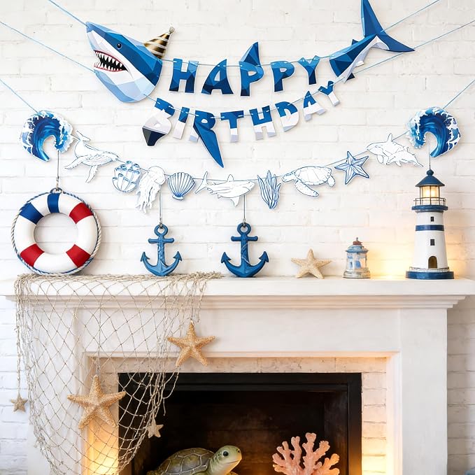 SUNBEAUTY Shark Birthday Party Decorations Shark Happy Birthday Banner Ocean - Image 3
