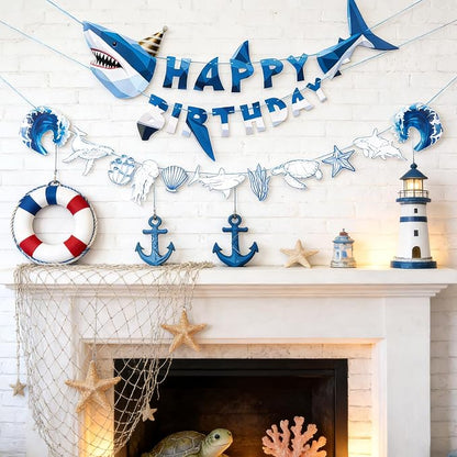 SUNBEAUTY Shark Birthday Party Decorations Shark Happy Birthday Banner Ocean - Image 3