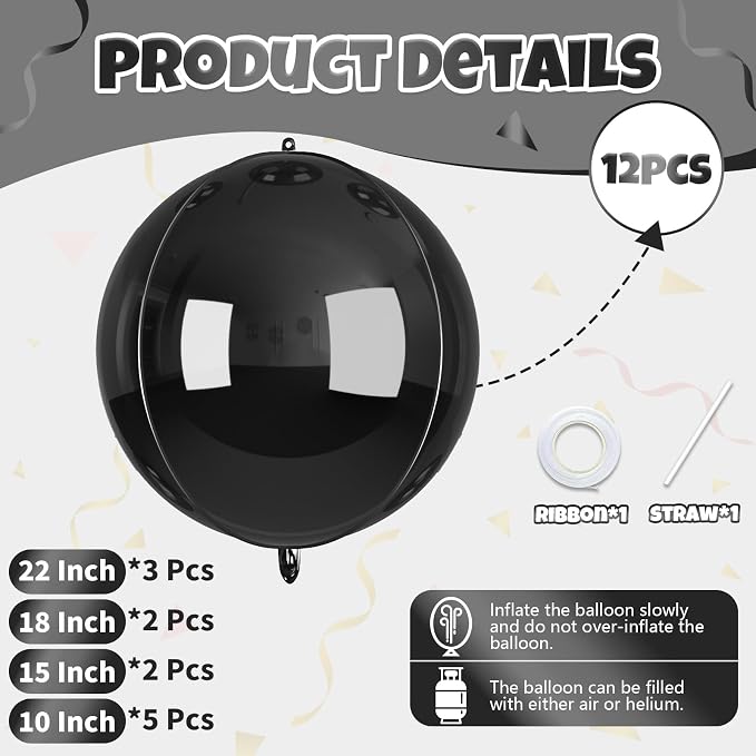 12 Pcs Black Foil Balloons, Different Size Metallic Black Balloons - Image 2