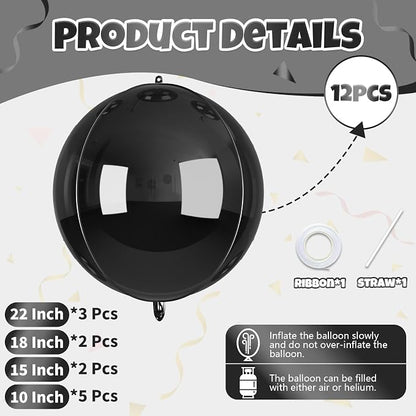 12 Pcs Black Foil Balloons, Different Size Metallic Black Balloons - Image 2