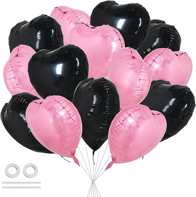 TONIFUL 30 Pcs Pink Black Heart Balloons 18 Inch Heart Shape Foil Balloon | by TONIFUL