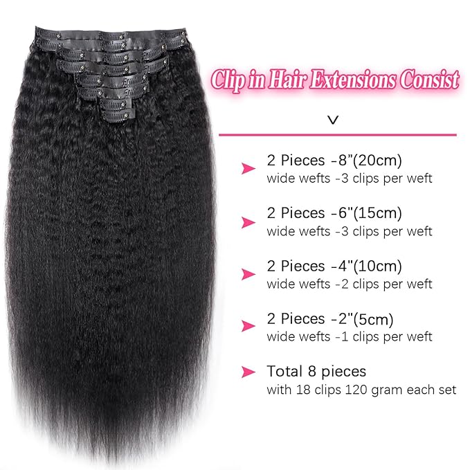 Seamless Kinky Straight Clip Ins Hair Extension Real Human Hair 18 Inch PU Kinky Straight Clip In Hair Extensions Human 8 Pcs/120g(18inch,Natural Black)