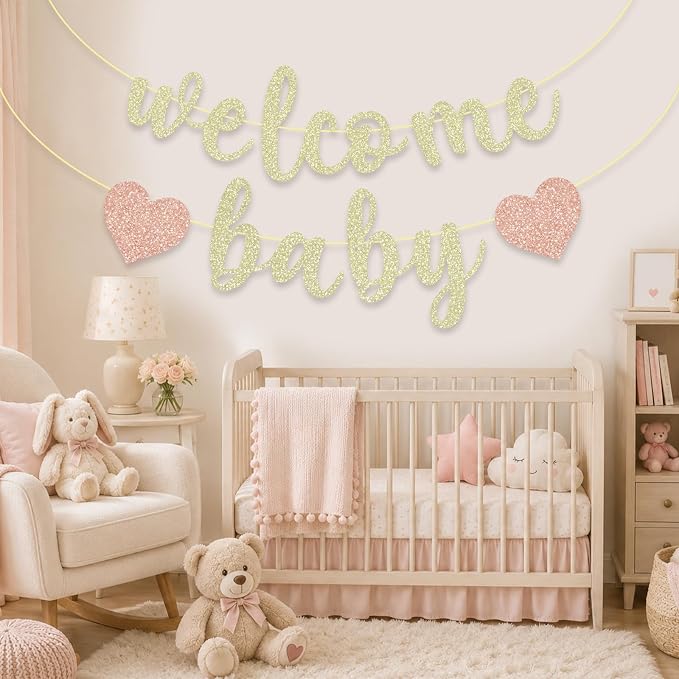Pre-Strung Welcome Baby Banner | Champagne Gold Glitter Baby Shower Decorations - Image 2