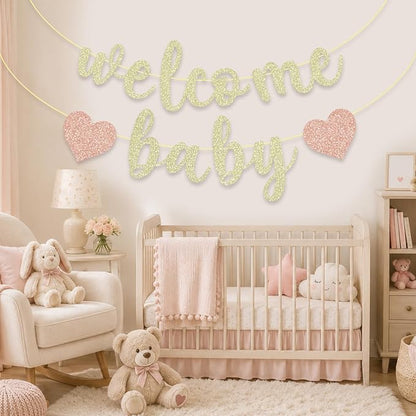 Pre-Strung Welcome Baby Banner | Champagne Gold Glitter Baby Shower Decorations - Image 2