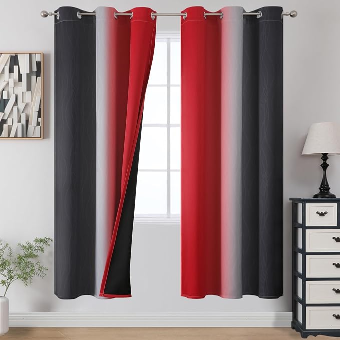 Ombre Red and Black Curtains 72 Inch Length 2 panels, Complete Blackout Curtains by ESTELARTEXTILER