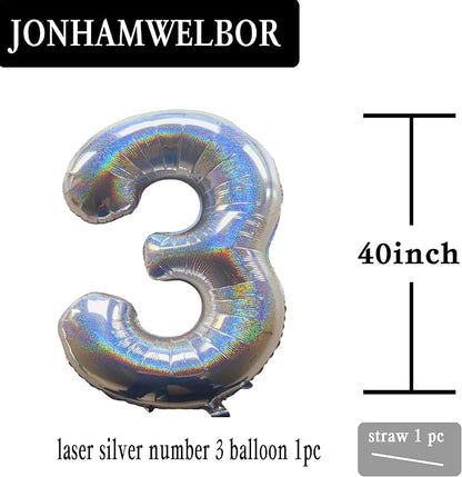Jonhamwelbor 40 Inch Laser Silver Number 3 Balloon Foil Mylar Giant Balloon - Image 2