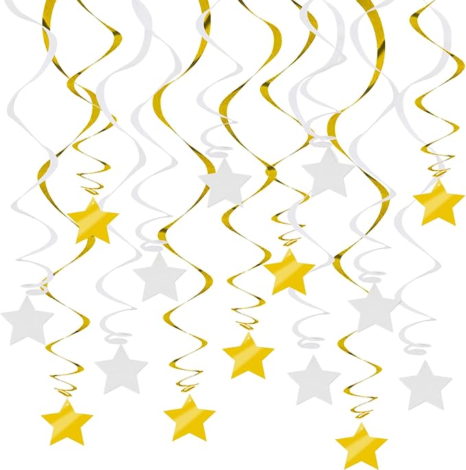 BEISHID Gold and White Stars Hanging Swirls Pre-Strung Stars Hanging Decorations by Beishida