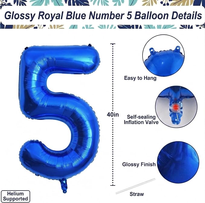 Navy Blue Number 5 Balloon 40 Inch, Shiny Metallic Digit Celebration Decor | - Image 4