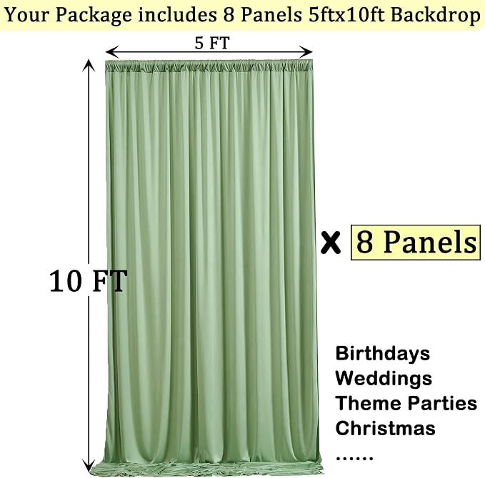 NSSONBEN 40ft x 10ft Wrinkle Free Sage Green Backdrop Curtains - Image 5