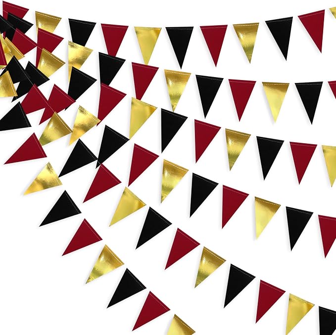 30 Ft Red Black and Gold Party Decorations Hanging Paper Triangle Banner by pinkblume