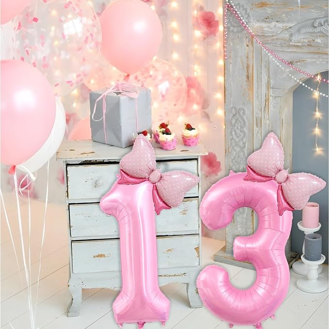 40 inch Number 13 Balloon with Bow Pink Happy Birthday Jumbo Number Balloons - Image 3