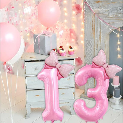 40 inch Number 13 Balloon with Bow Pink Happy Birthday Jumbo Number Balloons - Image 3