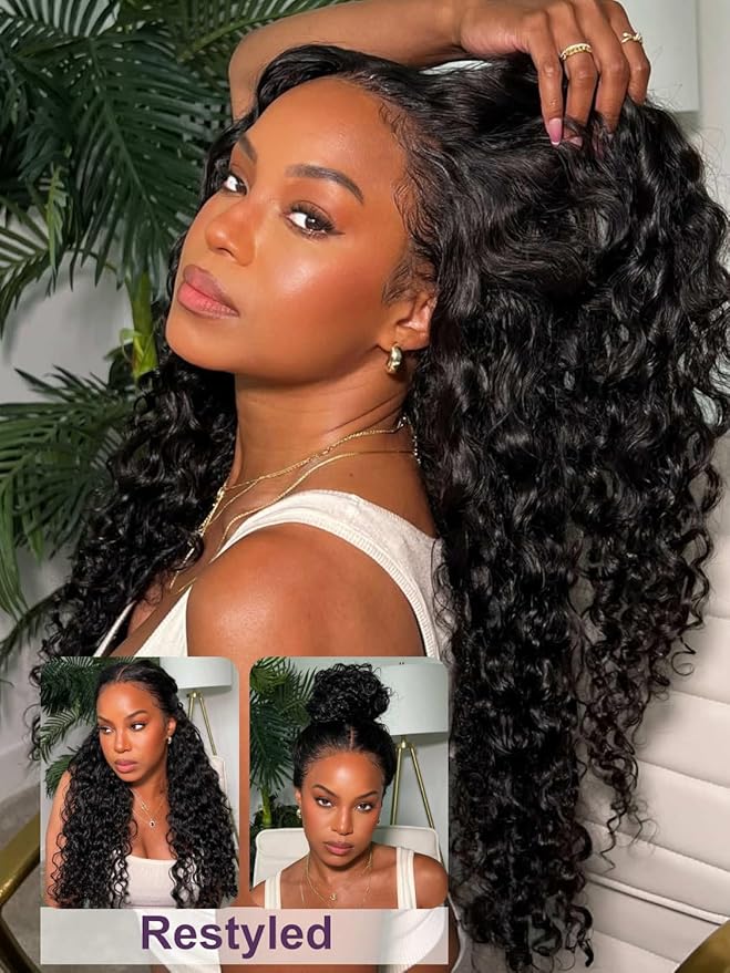 YIROO Bye Bye Knots Glueless Water Wave and Jerry Curly Drawstring Wig Human Hair, 7x5 Pre Cut Lace Front Glueless Wigs Pre Bleached Pre Plucked Wear and Go Wig for Women 150% Density 22Inch