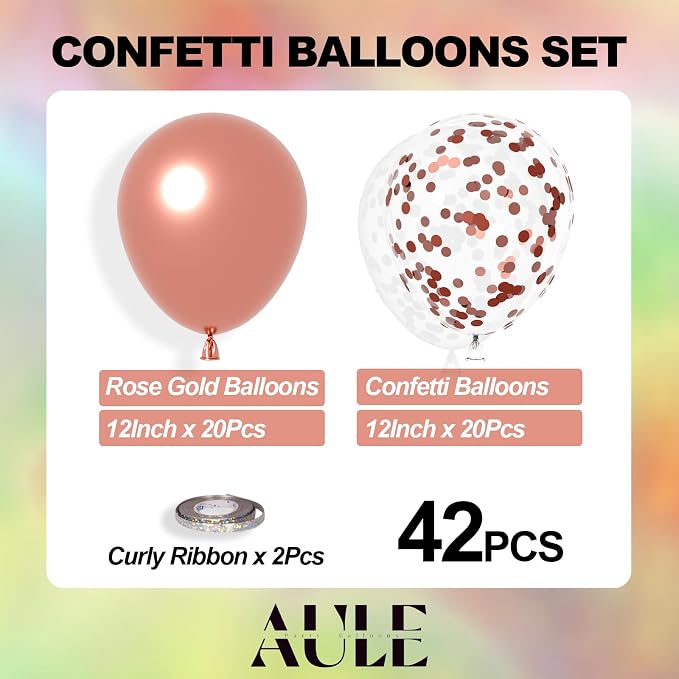 AULE 42Pcs Metallic 12 Inch Rose Gold Confetti Balloons Set | Rose Gold Party - Image 3