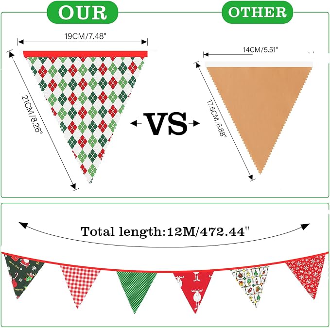 G2PLUS Christmas Triangle Bunting Banner, 39Ft Cotton Pennant Banner, Reusable - Image 2