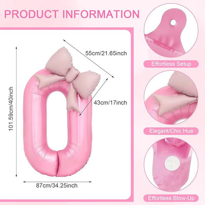 Bow Pink 0 Balloons, 40 Inch Giant Pink Bow Helium Foil Number 0 - Image 2
